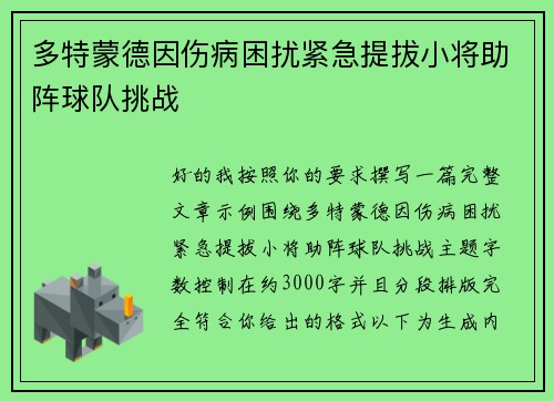 多特蒙德因伤病困扰紧急提拔小将助阵球队挑战