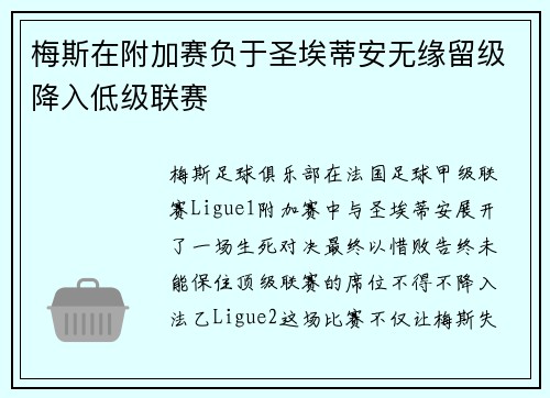 梅斯在附加赛负于圣埃蒂安无缘留级降入低级联赛